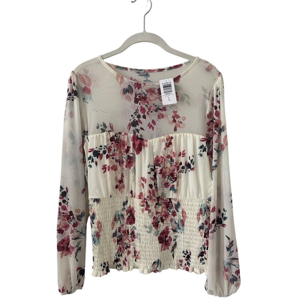 Torrid Floral Mesh Sweetheart‎ Smocked Long Sleeve Top Size 0/L NWT